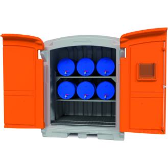 Rayonnage 360 avec cale-fûts pour 6 fûts 60 litres et petits récipients pour Box de sureté PE 220/2-Lire la description