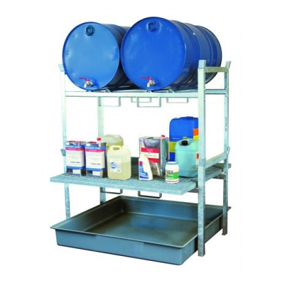 Rayonnage métallique 800 pour 2 fûts  220 litres et caillebotis pour petits récipients-Lire la description