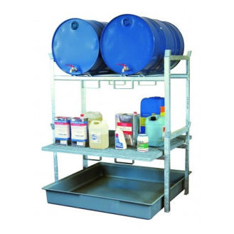 Rayonnage métallique 800 pour 2 fûts  220 litres et caillebotis pour petits récipients-Lire la description