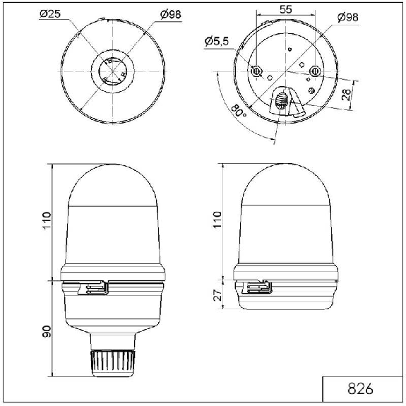 Feu permanent BM 12-240V VERT IP65 Ø98mm NOIR-Lire la description