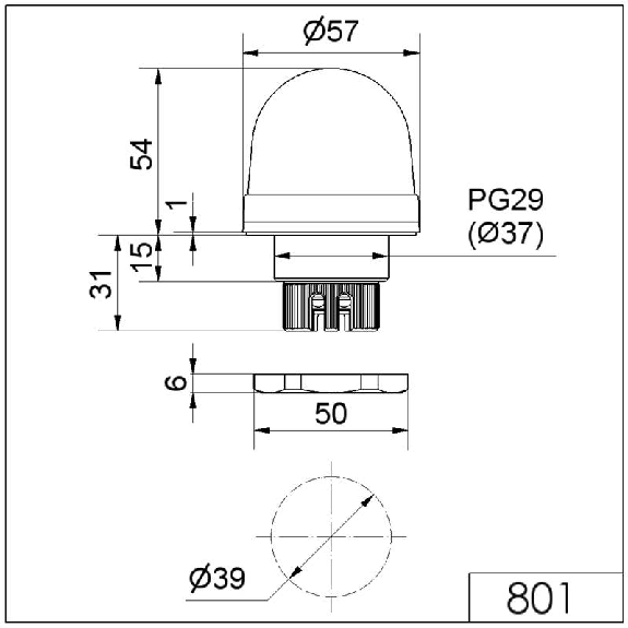 Feu permanent DEL EM 24VAC/DC ROUGE Ø57mm IP65 NOIR-Lire la description