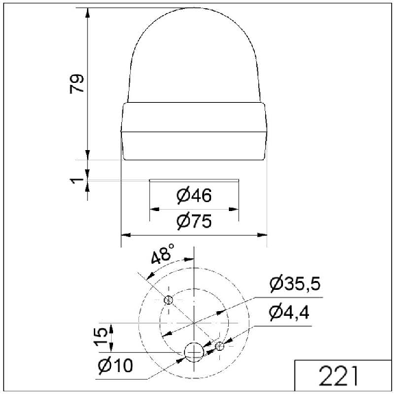 Feu permanent DEL BM 230VAC ORANGE IP65 Ø75mm NOIR-Lire la description