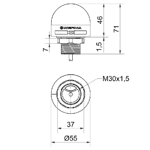 Feu 7 couleurs fixe buzzer 85dB 10-30Vdc M12 5P+C0.1m IP65-Lire la description