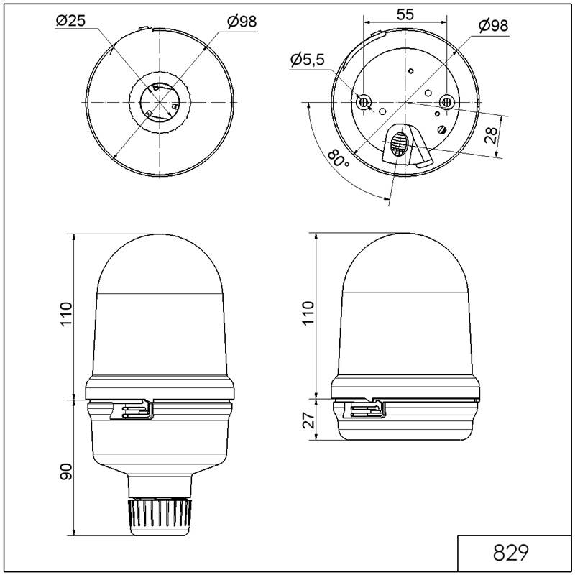 Feu permanent/clignotant DEL BM 24VDC VERT IP65 Ø98mm NOIR-Lire la description