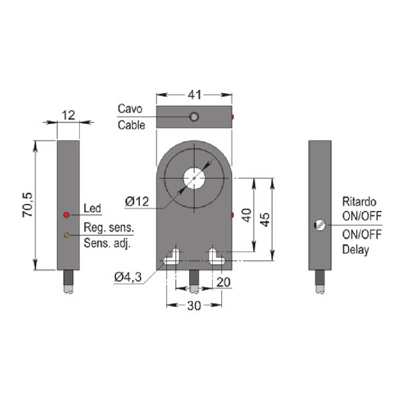 DPI Annulaire Ø=12mm PNP NO+NF 41x70.5x12mm Plast 10-30Vdc / Câble 2m-Lire la description