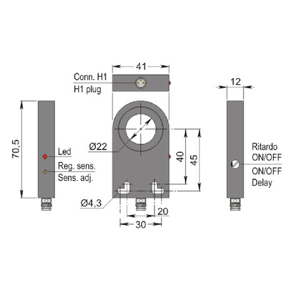 DPI Annulaire Ø=22mm NPN NO+NF 41x70.5x12mm / M12 4P-Lire la description