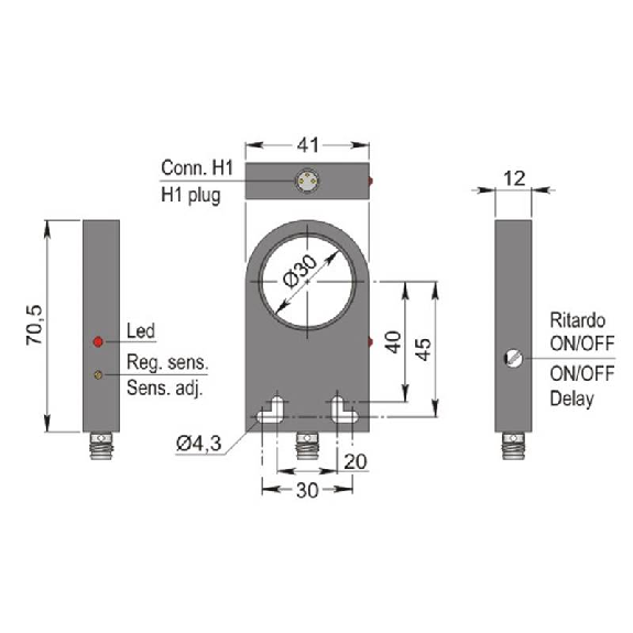 DPI Annulaire Ø=30mm PNP NO 41x70.5x12mm Plast. 10-30Vdc / M12 4P-Lire la description