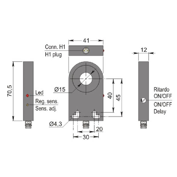 DPI Annulaire Ø=15mm PNP NO 41x70.5x12mm Plast. 10-30Vdc / M12 4P-Lire la description