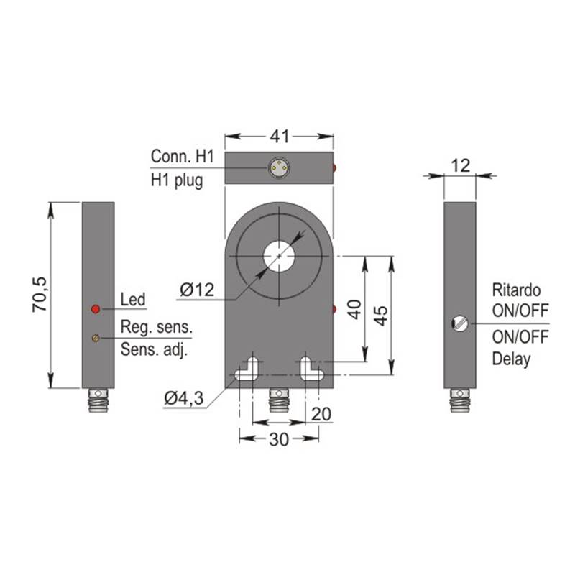 DPI Annulaire Ø=12mm NPN NO 41x70.5x12mm Plast. 10-30Vdc / M12 4P-Lire la description
