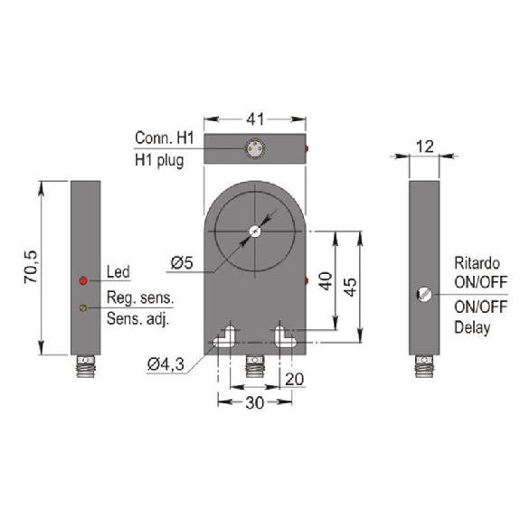 DPI Annulaire Ø=5mm NPN NO 41x70.5x12mm Plast. 10-30Vdc / M12 4P-Lire la description