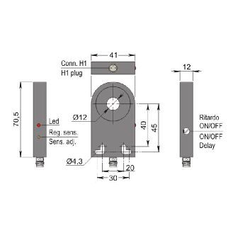 DPI Annulaire Ø=12mm PNP NO 41x70.5x12mm Plast. 10-30Vdc / M12 4P-Lire la description