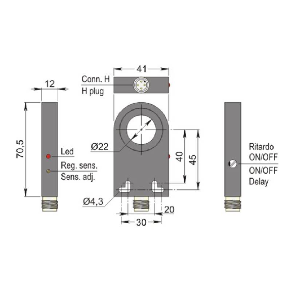 DPI Annulaire Ø=22mm PNP NO+NF 41x70.5x12mm / M12 4P-Lire la description
