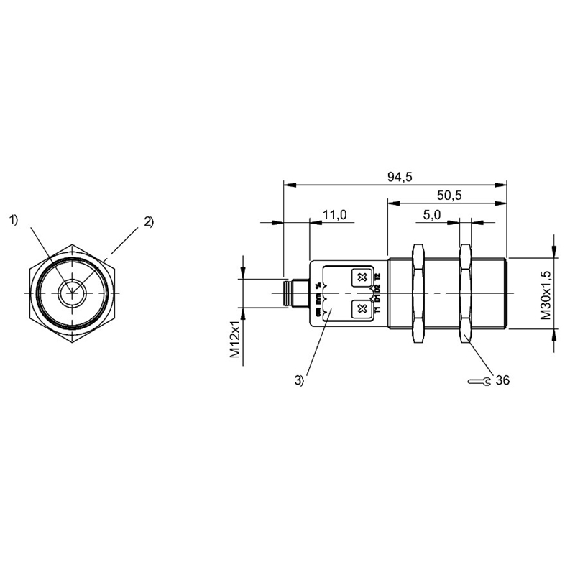 Ultrason Multi mode M30 PNP(x2) NO/NF P=65-600mm Axial / M12 5P-Lire la description
