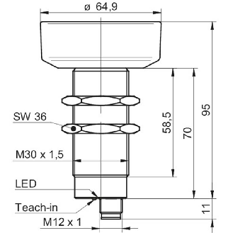 Ultrason Directe M30(Ø65) PNP NO/NF(x2) P600-6000mm Teach / M12 4P-Lire la description