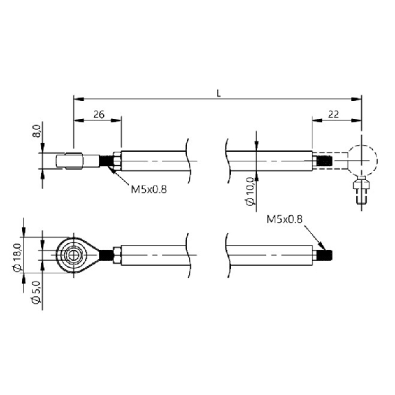 Tige articulée pour modèle profilé BTL Ø 10 x 100 mm, Œil Ø 5H7-Lire la description