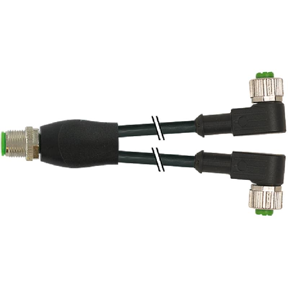 Y-M12 Mâle Droit 4p/2xM12 Fem Coudé 3p; PUR 3x0,34 Noir Cpc 0,6m-Lire la description