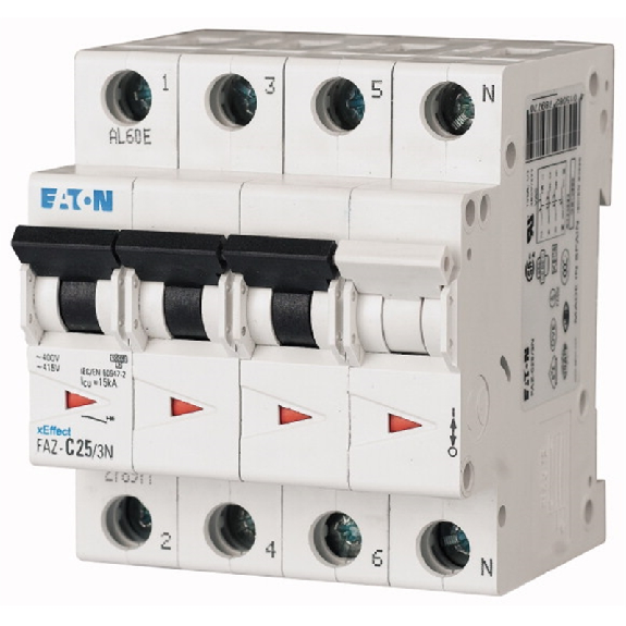 Disjoncteur modulaire, FAZ, 63A, 3 pôles+N, caractéristique de déclenchement C, 15 kA, bornes à cages et à vis-Lire la description