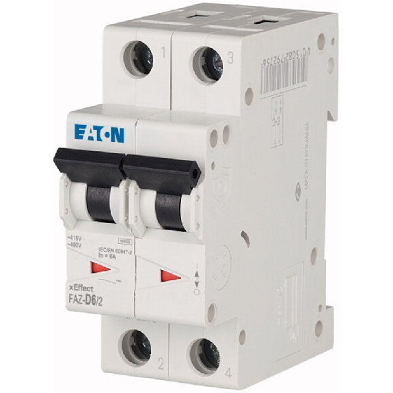 Disjoncteur modulaire, FAZ, 6 A, 2p, courbe D, AC, 15 kA-Lire la description