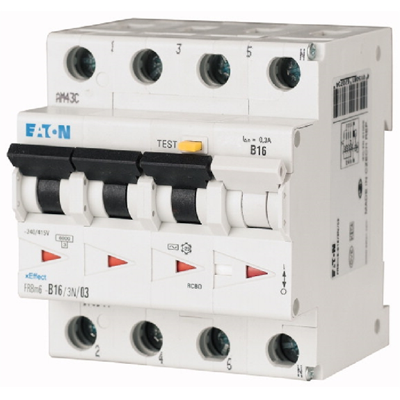 Disjoncteur différentiel, 6 A, 300 mA, caractéristique disjoncteur modulaire (MCB) : C, 3p+N, caractéristique bloc différentiel (RCD) : AC Disjoncteur différentiel, 6 A, 300 mA, caractéristique disjoncteur modulaire (MCB) : C, 3p+N, caractéristique bloc différentiel (RCD) : AC-Lire la description