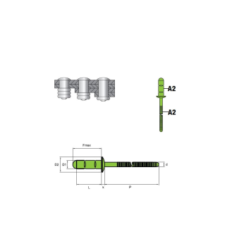 Rivets multiserrages MULTI A2/A2 - Tête plate - 4,0x15 mm 500 Pièces-Lire la description