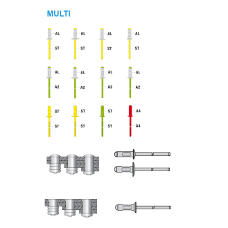 Rivets multiserrages MULTI A2/A2 - Tête plate - 4,0x15 mm 500 Pièces-Lire la description