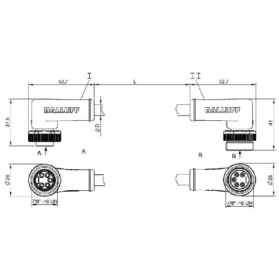 7/8" Fem coudé 5p/ 7/8" Mâle Coudé 5p Câble PUR 5x1.5 Noir Cpc 2m-Lire la description