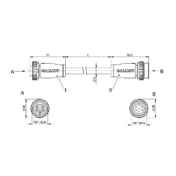 7/8" Fem Droit 5p/7/8" Mâle Droit 5p Câble PUR 5x1,5 Cpc 0,6m-Lire la description