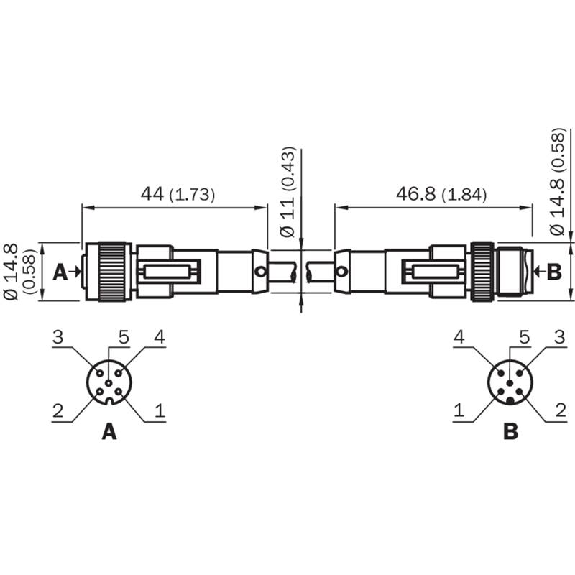 M12 Fem Droit 5p/M12 Mâle Droit 5p Câble PUR 5x0.34 Noir 5m-Lire la description