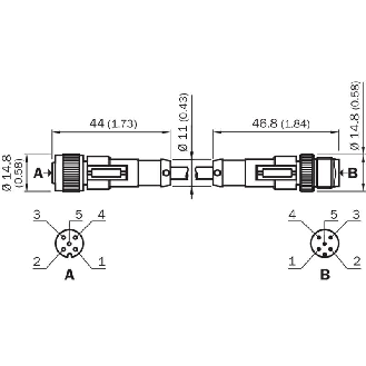 M12 Fem Droit 5p/M12 Mâle Droit 5p Câble PUR 5x0.34 Noir 5m-Lire la description