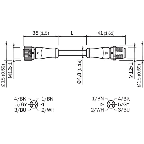 M12A Fem Droit 5p/M12A Mâle Droit 5p; PUR 5x0.34 Noir Cpc 1.5m-Lire la description