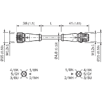 M12A Fem Droit 5p/M12A Mâle Droit 5p; PUR 5x0.34 Noir Cpc 1.5m-Lire la description