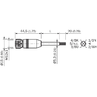 M12A Fem Droit 4p; Câble PVC 4x0,34 Gris 5m-Lire la description