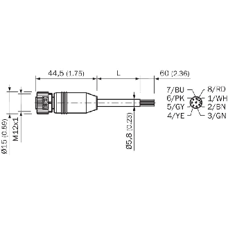 M12A Fem Droit 8p; Câble PUR 8x0.25 Noir Cpc 20m (30V)-Lire la description
