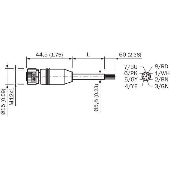 M12A Fem Droit 8p; Câble PUR 8x0.25 Noir Cpc 20m (30V)-Lire la description