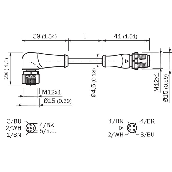 M12A Fem Coudé 4p/M12A Fem Droit 4p; PUR 4x0,34 Noir Cpc 2m-Lire la description