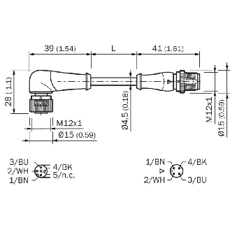 M12A Fem Coudé 4p/M12A Fem Droit 4p; PUR 4x0,34 Noir Cpc 2m-Lire la description