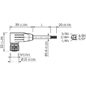 M12A Fem Coudé 5p; Câble PUR Blindé 5x0,34 Noir Cpc 5m-Lire la description