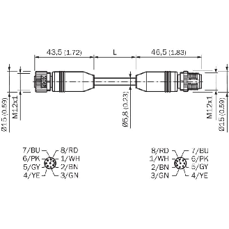 M12A Fem Droit 8p/M12A Mâle Droit 8p; Câble PUR 8x0.25 Noir Cpc 2m-Lire la description
