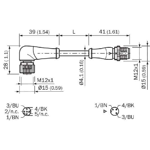 M12A Fem Coudé 3p/M12A Mâle Droit 3p; PUR 3x0,34 Noir 1m-Lire la description