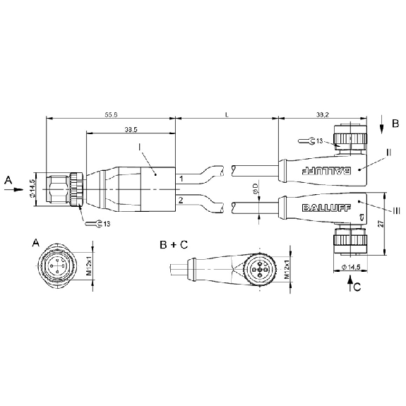 Y-M12A Mâle Droit 4p/2x M12A Fem Droit 5p; PUR Noir Cpc 0.7m-Lire la description