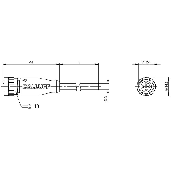 M12A Fem Droit 4p LED PNP NO/NF; Câble PUR 4x0.34 Noir Cpc 15m (30Vdc-Lire la description