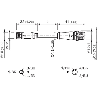 M12A Fem Droit 3p/M08A Mâle Droit 3p; PUR 3x0.25 Noir Cpc 2m-Lire la description