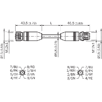 M12A Fem Droit 8p/M12A Mâle Droit 8p; Câble PUR 8x0.25 Noir Cpc 15m-Lire la description