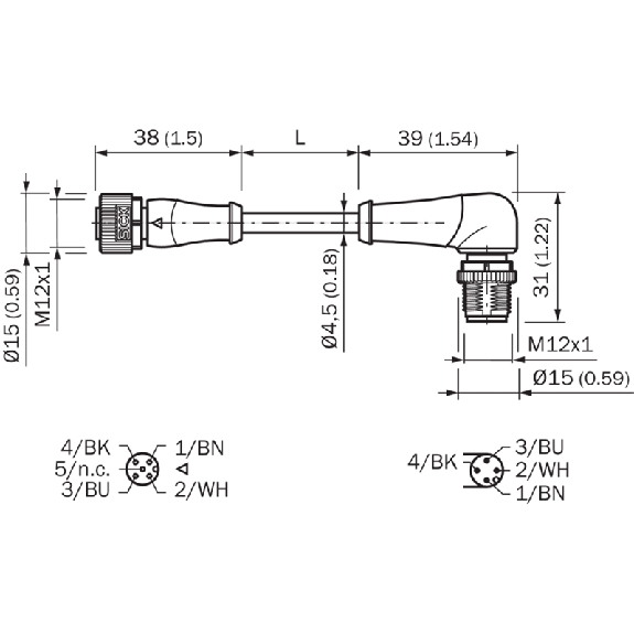M12A Fem Droit 4p/M12A Mâle Coudé 4p; PUR 4x0.34 Noir Cpc 2m-Lire la description