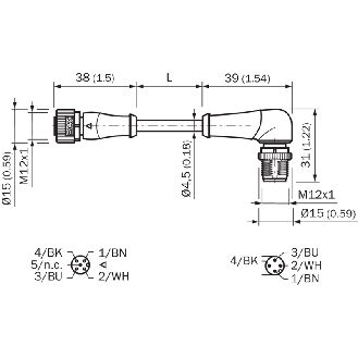 M12A Fem Droit 4p/M12A Mâle Coudé 4p; PUR 4x0.34 Noir Cpc 2m-Lire la description