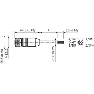 M12A Fem Droit 5p; Câble PUR 5x0.34 Noir Cpc 5m-Lire la description
