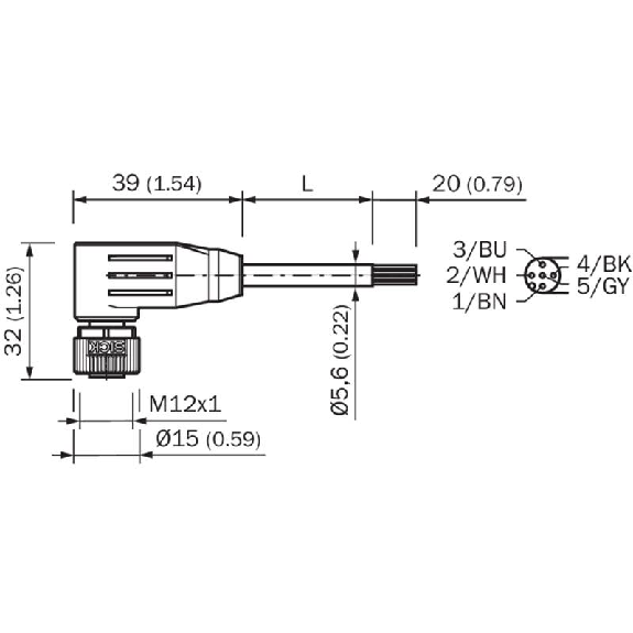 M12A Fem Coudé 5p; Câble PUR Blindé 5x0,34 Noir Cpc 20m-Lire la description