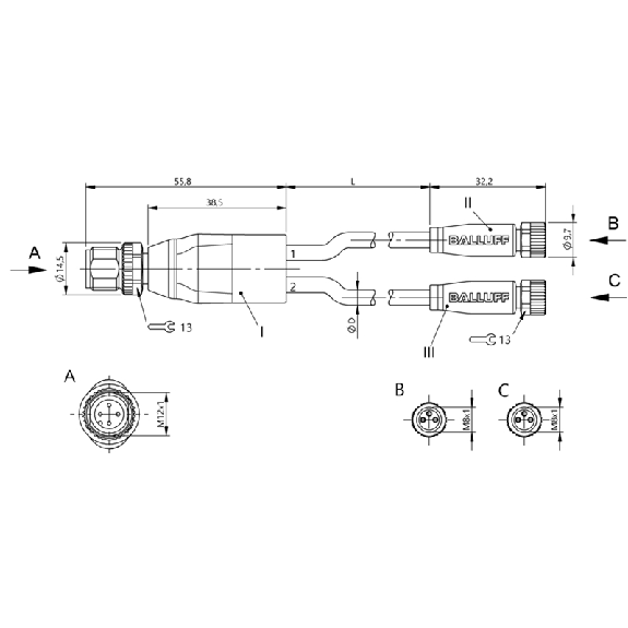 Y-M12A Mâle Droit 4p/2x M08A Fem Droit 3p; PUR Noir Cpc 1.0m-Lire la description