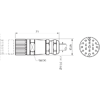 M23 Fem Droit 19p; Câble PUR 16x0,5+3x1 Noir 10m-Lire la description
