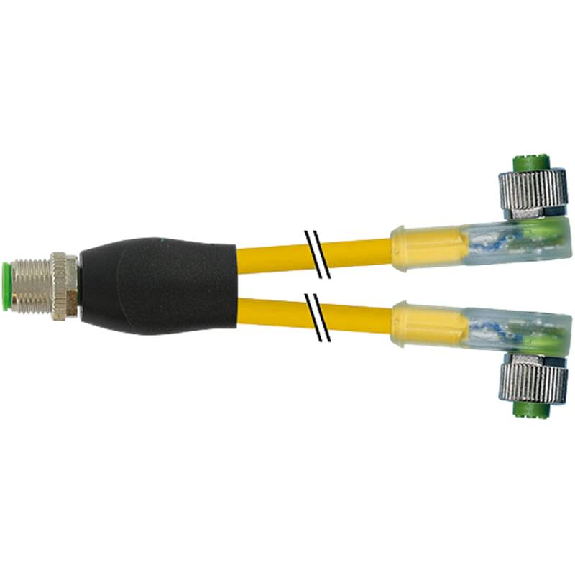 Y-M12 Mâle Droit/2xM12 Fem Coudé LED; PVC 3x0,34 Jaune 0,3m-Lire la description
